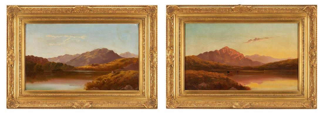 2 Charles Leslie O/C English Landscape Paintings: Two (2) Charles Leslie (British, 1835-1890) oil on canvas English landscape paintings. 1st item: Landscape with figures sitting on a grassy bank beside a calm body of water, with mountains in the back