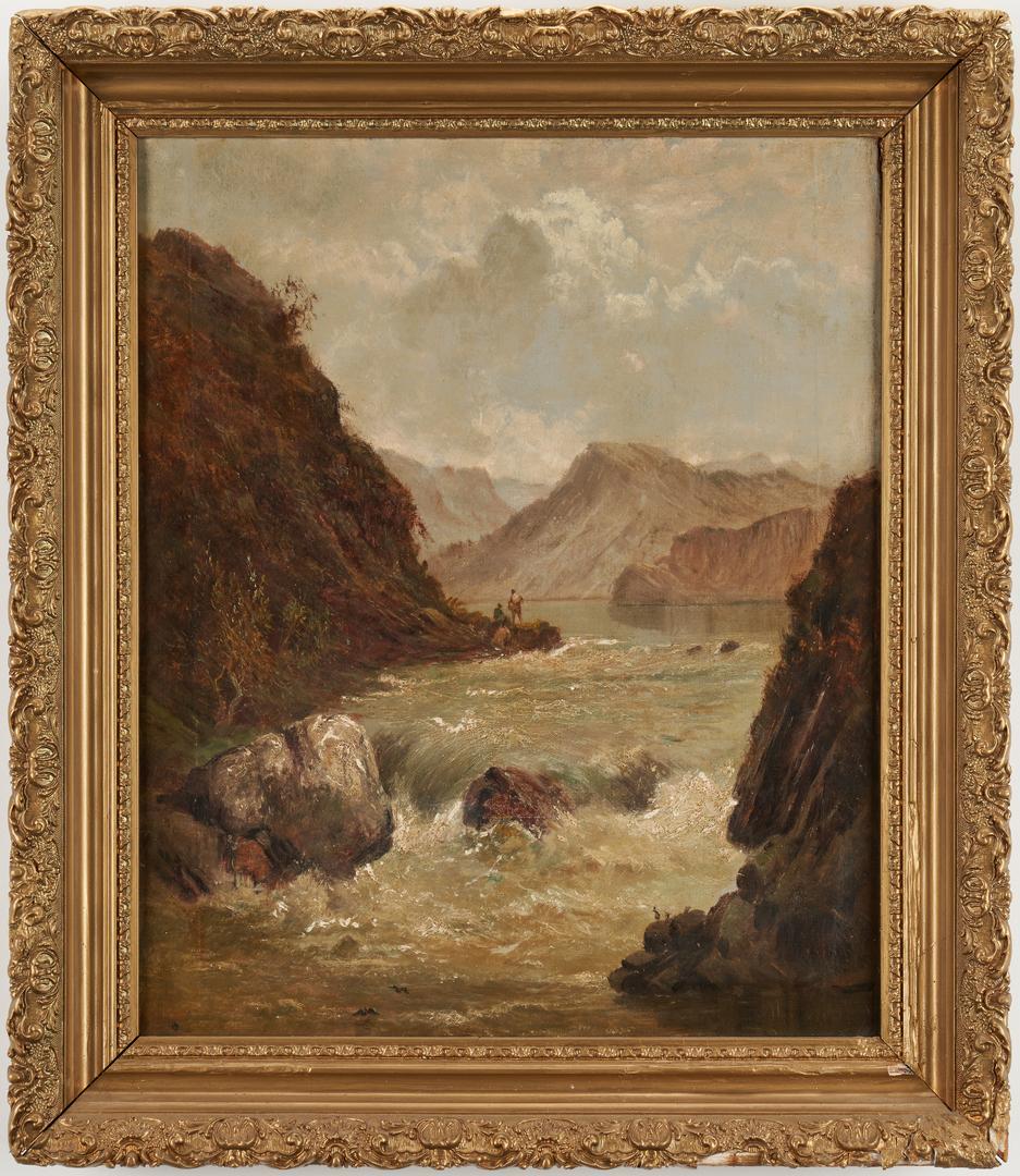 Alfred De Breanski O/C, Fishing Scene: Alfred De Breanski Sr. (United Kingdom/Scotland, 1852-1928) oil on canvas seascape titled en verso "A Pole in The Highlands" depicting two figures fishing center left, a rocky shoreline with waves for