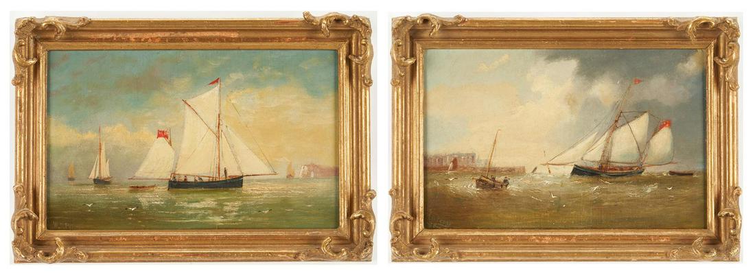 Pair William D. Penny Maritime Oil Paintings: William Daniel Penny (United Kingdom, 1834-1924) pair of small oil on board marine paintings depicting English ships off a coastline, with other ships in the background. Both signed lower left W.D. Pe