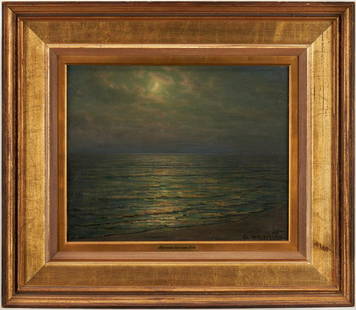 Thomas Alexander Harrison O/B Moonlit Seascape: Thomas Alexander Harrison (American, 1853-1930) oil on board seascape, depicting the light from a moon, partially shrouded by clouds, reflected in calm waters along a shoreline. Signed lower right "A.