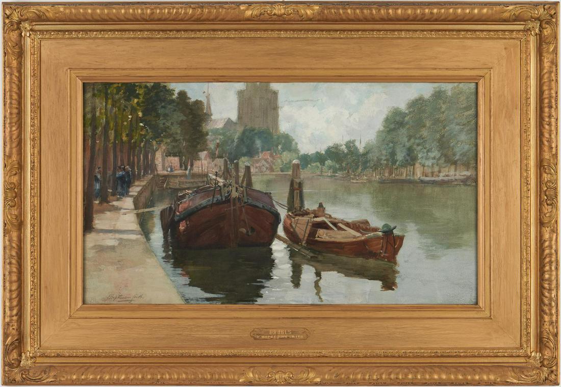Francis Hopkinson Smith Canal Scene, Bruges: Francis Hopkinson Smith (American, 1838-1915) pastel and gouache painting depicting a canal with boats in the Belgian city of Bruges on a partly sunny day. Several figures are standing alongside the c