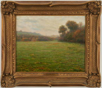 Thomas Alexander Harrison O/B Farm Scene: Thomas Alexander Harrison (American, 1853-1930) oil on board impressionist landscape titled "The Lonely Farm". Depicts a farmstead, likely French, set beyond a broad, grassy field with trees and hills