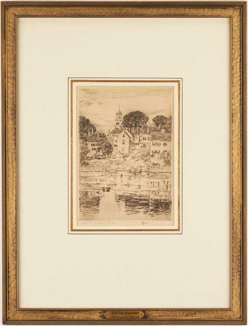 Signed Childe Hassam Etching, Portsmouth Church: Childe (Frederick) Hassam (American, 1859-1935) etching titled "Portsmouth Church," with view of a church on a hill surrounded by other town buildings and a body of water in the foreground. Artist's m
