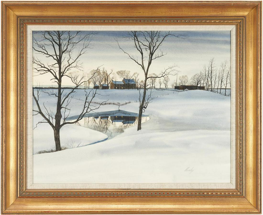 John Chumley Winter Landscape Watercolor: John Wesley Chumley (Virginia/Tennessee, 1928-1984) watercolor snow scene painting depicting a farmstead with freshly fallen snow having a small pond bearing the reflection of the farm with barren tre