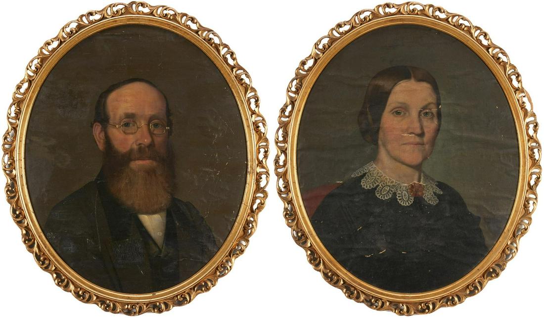Samuel Shaver, Pair of East TN Portraits: Attributed to Samuel Shaver (Tennessee, 1816-1878), pair of oval East Tennessee companion paintings depicting a husband and wife. Oil on canvas laid on paperboard. Male subject is seated and wearing a