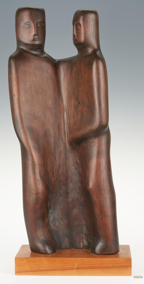 Olen Bryant Wood Sculpture, Conjoined Figures: Olen Bryant (American/Tennessee, 1927-2017) carved walnut sculpture of conjoined figures, titled "David and Jonathan". Unsigned. Exhibition label with title to underside of base (exhibition location a