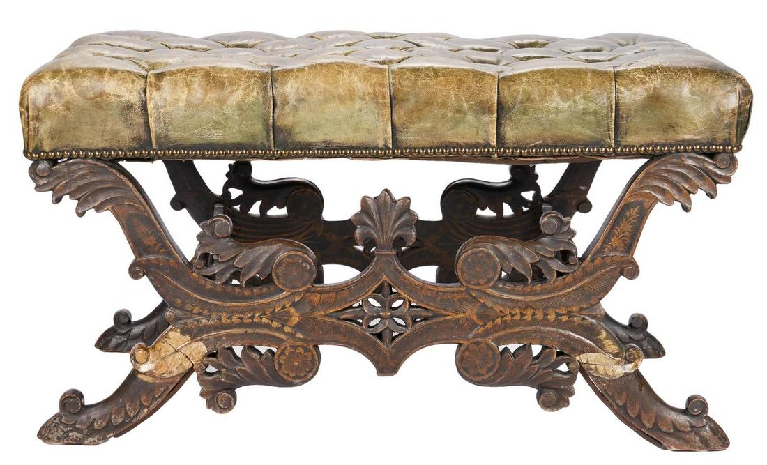 Baroque Style Tufted Leather Bench: Baroque style leather bench or ottoman, tufted olive leather seat with nailhead design at edge; acanthus and rosette carved and pierced frame with stenciled rosette and leaf decoration and carved paw 
