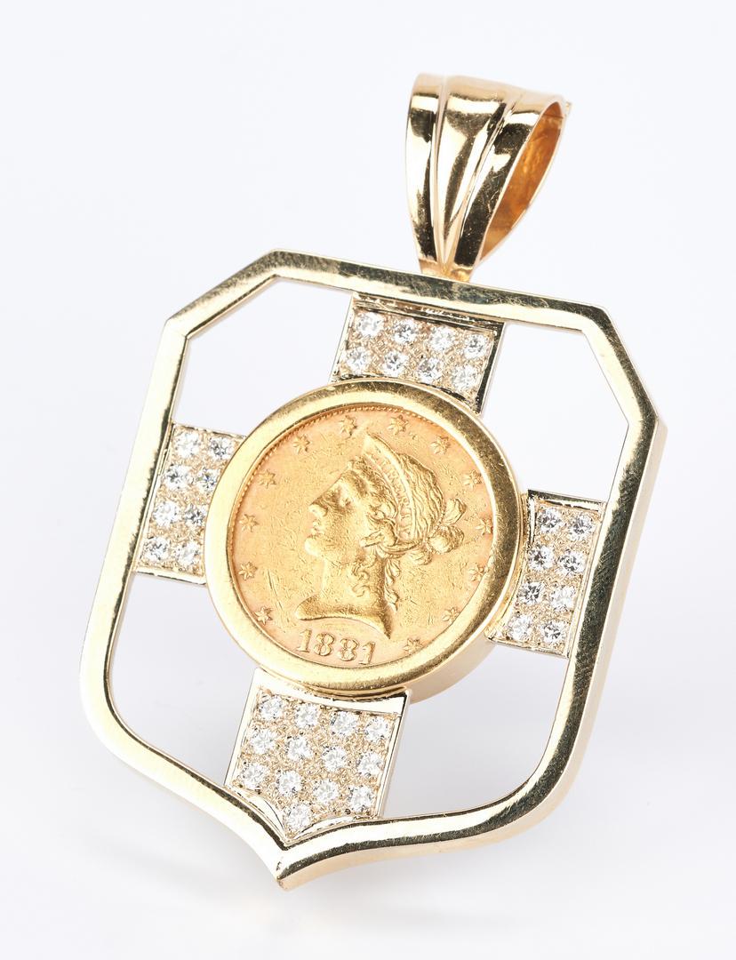 18K pendant with 1881 Ten Dollar Gold Coin and Diamonds: Ladies modern 18K yellow gold pendant featuring 1 1881 $10 gold Liberty coin in circulated condition accented by 37 round brilliant diamonds approximately 2.96 carats, Clarity-VS1, Color-I. Pendant ma