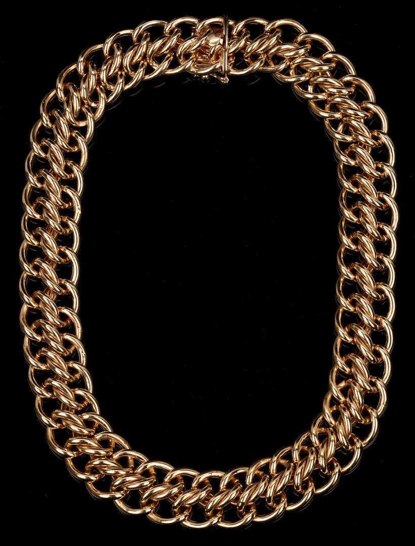 Ladies 14K Double Link Necklace: Ladies 14K yellow gold double link 16" L heavy gold necklace. Marked "14K". Gross weight is 83.0 grams. Provenance: The estate of Patricia Beatty, Chattanooga, TN.