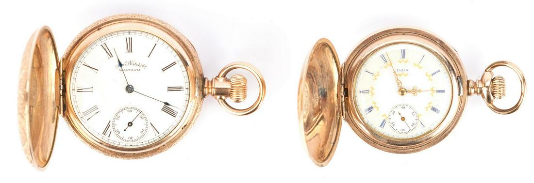 2 14K Hunting Case Pocket Watches: 1st item: Engraved finish 14K yellow gold hunting case American Waltham Company pocket watch. Serial number #3714201. The case is 41mm and engraved with a personal message as well as the year 1889. Te