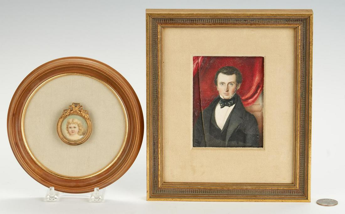2 Portrait Miniatures incl. child: Two (2) miniature portraits. 1st item: American or British School, mid-19th century miniature watercolor portrait of a gentleman, believed to be James Dunlop. The dark haired, grey-eyed subject is dep