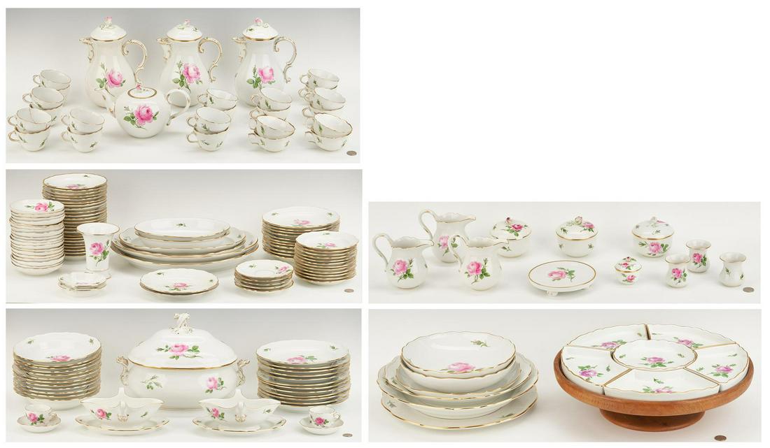 Large Meissen Dinnerware Service, Pink Rose Pattern: German Meissen porcelain dinnerware service, "Pink Rose" pattern, approximately 161 pieces, including 12 dinner plates (9 3/4" dia.), 13 luncheon plates (11 8 1/2" dia. & 2 8" dia.), 23 dessert plates
