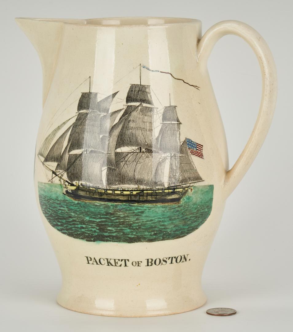 Historical Staffordshire Liverpool Pitcher, "Tenassee": Historical Staffordshire Liverpool transfer decorated creamware pitcher depicting the "chicken leg" Eagle Seal of the United States surrounded by a chain containing the names of the 16 states comprisi