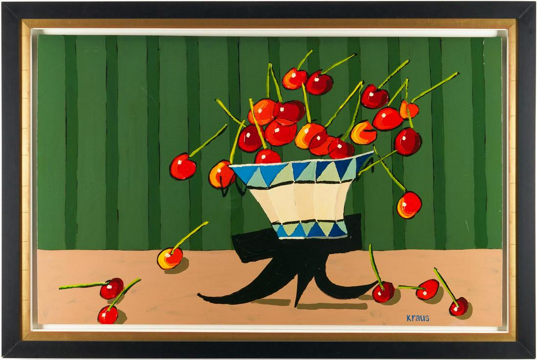 Harold Kraus, Still Life with Bowl of Cherries: Harold Kraus (American/Tennessee, late 20th c.), "Cherry Par-tay," oil on canvas still life painting depicting a bowl of cherries, against a green striped background. Signed "Kraus" lower right. Addit