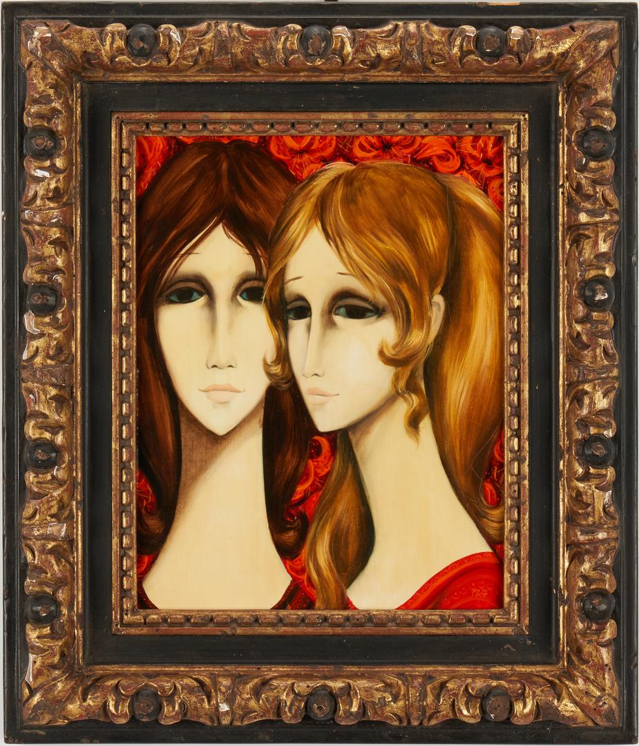 Pati Bannister O/B, Portrait of Two Women: Pati Bannister (Mississippi, 1929-2013) oil or acrylic on masonite painting with high-gloss varnished surface, depicting the head and shoulders of a brunette woman, facing the viewer, and a blonde wom