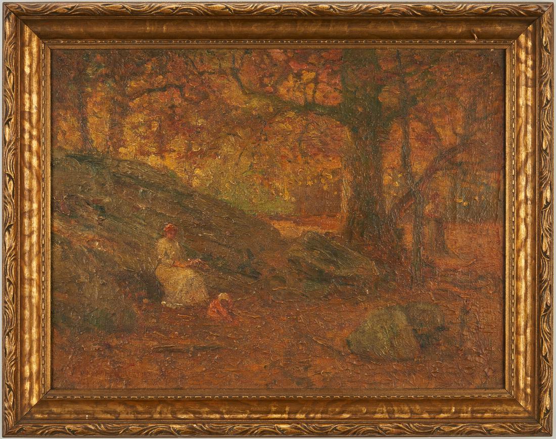 Benjamin Eggleston O/C, Autumn in the Woods: Benjamin Eggleston (American, 1867-1937) oil on canvas tonal impressionist painting titled "Autumn in the Woods," depicting a woman sitting on a rock in a wooded landscape while a child plays at her f