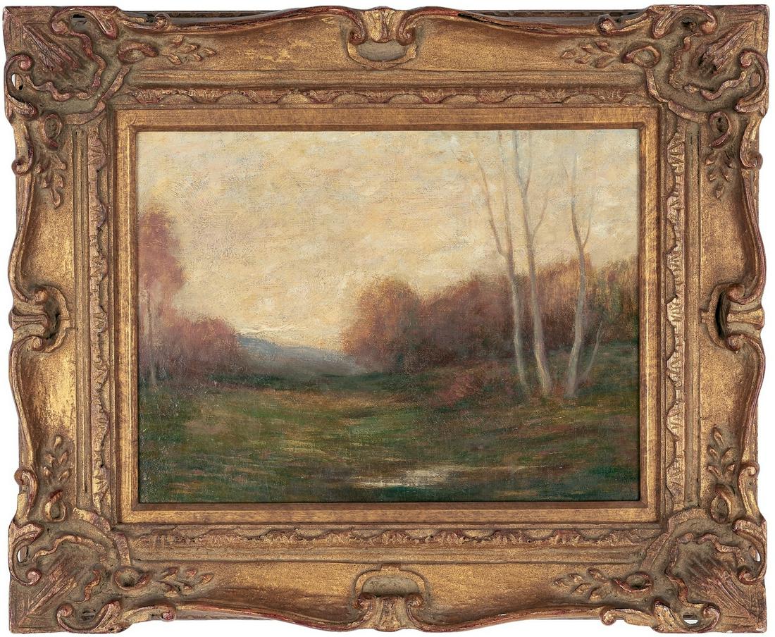 John Francis Murphy Tonalist Landscape O/C: John Francis Murphy (American, 1853-1921) oil on canvas tonalist landscape painting, depicting a clearing in a line of autumn-hued trees with hills beyond; three young trees stand with bare branches a