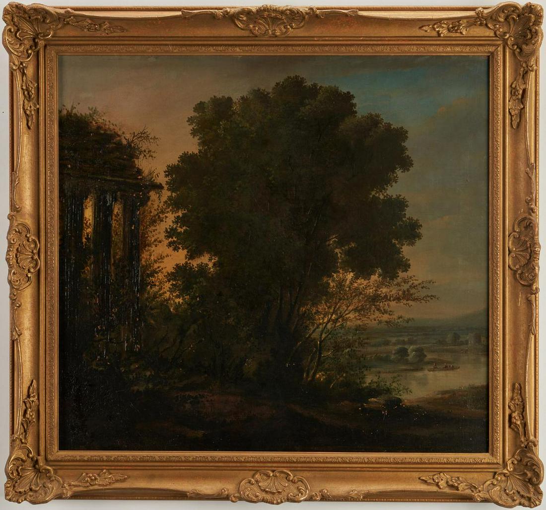Manner of Claude Lorrain O/C, Landscape with Ruins: Continental School, 17th or 18th century, manner of Claude Gellee, also known as Claude Lorrain (French, 1600-1682), oil on canvas landscape with ruins. Overgrown columns, left foreground, overlook a 