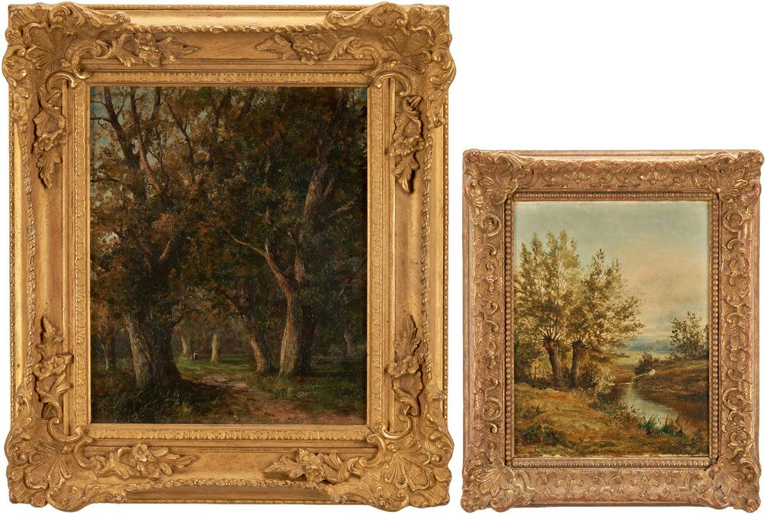 2 English Landscapes, G. Boyle & J. Thors: Two (2) oil on canvas English landscape paintings by George Boyle and Joseph Thors. 1st item: George Boyle (United Kingdom, 1826-1899) landscape depicting a forest with a trail leading between the tre