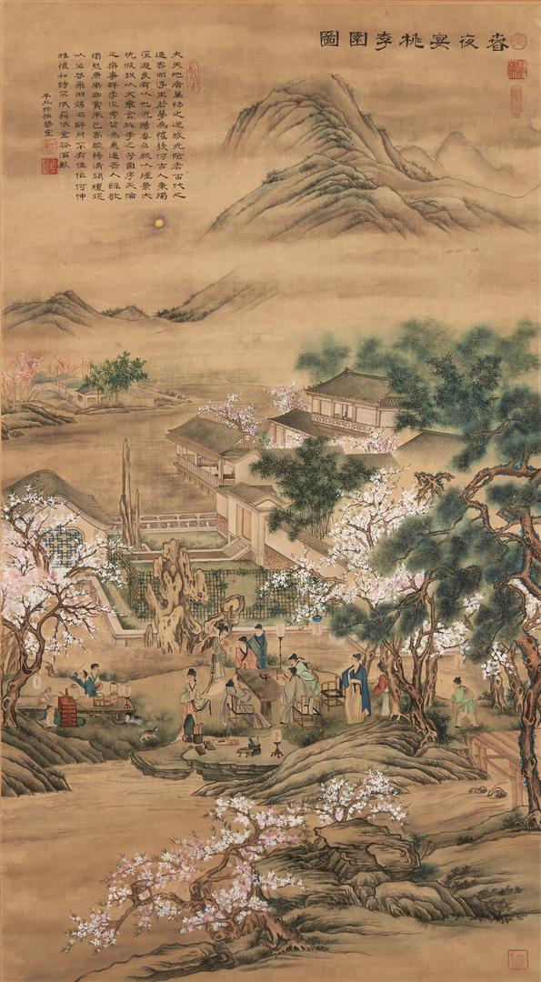 Large Framed Chinese Scroll, Moonlit Scene: Large Chinese handpainted on paper scroll depicting a night time landscape scene with figures gathered by a river foreground, temple architecture with blossoming trees midground and mountains in the b