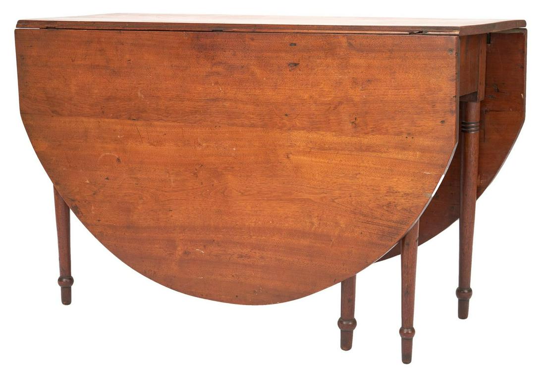 Virginia Sheraton Drop Leaf Table, Signed: Virginia Piedmont dropleaf table, walnut primary, yellow pine secondary. Comprised of two extended oval leaves and ring turned Sheraton legs and feet. Gateleg supports reveal a painted signature when 