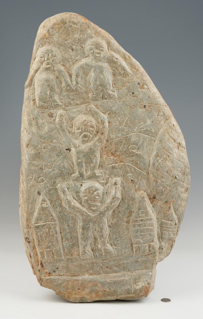 Raymond Coins Folk Art Carved Stele: Raymond Coins (American/North Carolina, 1904-1998) carved river stone stele or plaque depicting four human figures, three houses, and a tree. Signed "W.R. Coins" and "AST R CAMINGO[?]" en verso. 28 1/