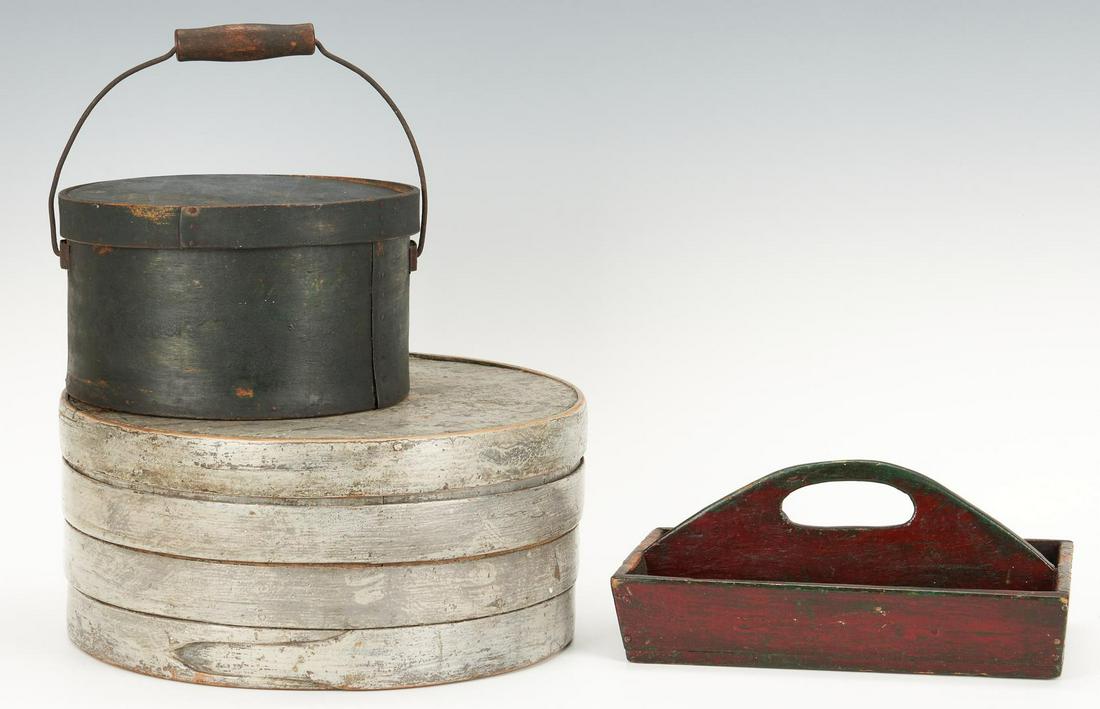 2 Painted Pantry Boxes plus Cutlery Tray: Three (3) wooden items, including two (2) painted pantry boxes, one (1) cutlery tray. 1st item: 19th century pine bentwood pantry box, with finger lap joints, possibly Shaker, retaining most of its or