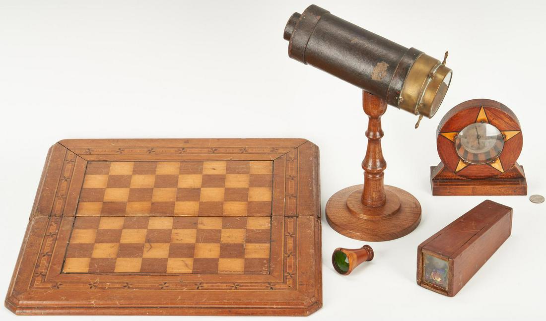 3 Kaleidoscopes, Game Board and Folk Art Watch Stand: Three (3) kaleidoscopes, one (1) folk art wooden inlaid watch stand, and one (1) folding inlaid game board, 5 total items. 1st-3rd items: Group of three (3) kaleidoscopes including a Victorian tableto