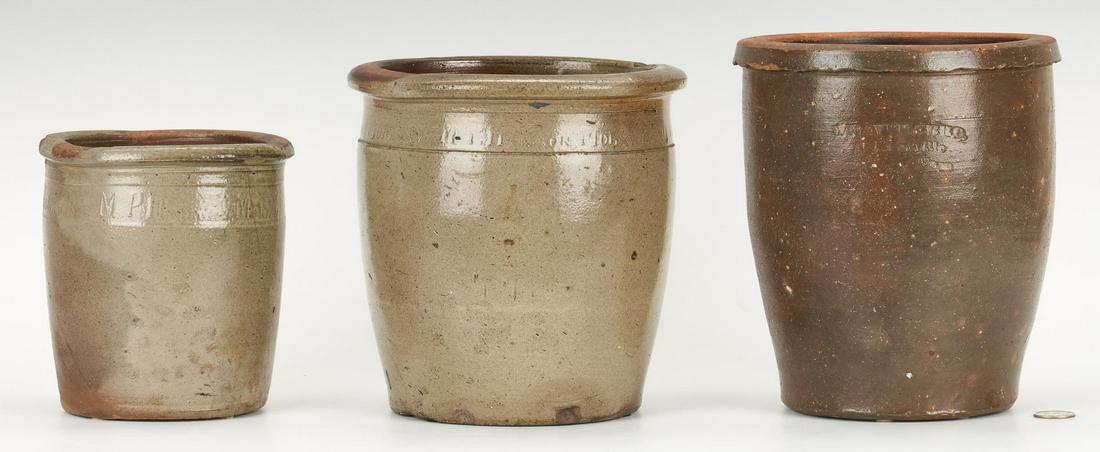 3 East TN Pottery Jars, Harmon & Weaver: Three (3) East Tennessee pottery jars, including Harmon and Weaver. 1st & 2nd items: Two (2) Greene County, East Tennessee stoneware pottery preserving jars with the impressed M P HARMON MOHAWK coggle
