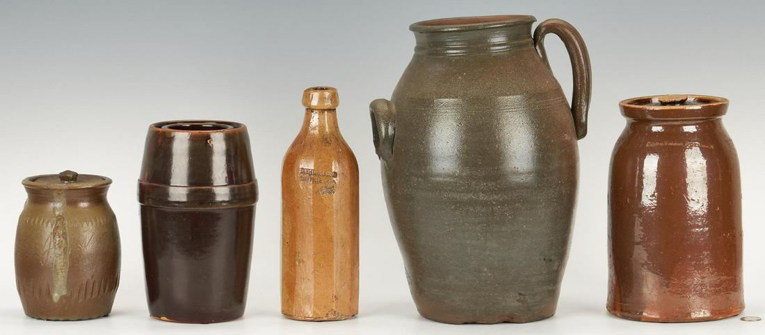 5 pcs. Middle TN Pottery incl. Nashville Pottery: Five (5) Middle Tennessee pottery jars, jugs, and beer bottle, including Nashville Pottery. 1st item: Middle TN stoneware brown glazed pottery jug with one strap handle and one lug handle and incised 