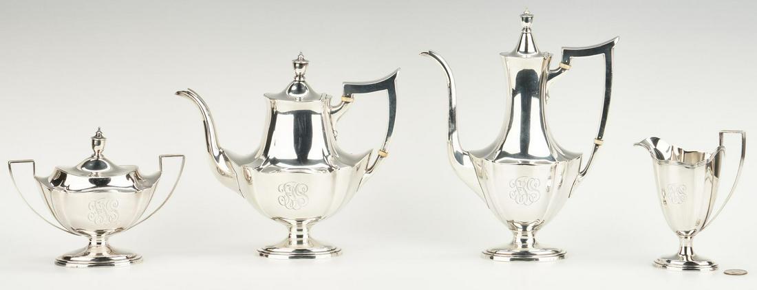 4 pcs Gorham Plymouth Sterling tea set: Gorham sterling silver tea and coffee service in the Plymouth pattern, comprised of tea pot (A2411, 1 3/4 pint) and coffee pot (A 2311, 1 1/4 pint), creamer (A2413) and sugar (A2414), all with 3-part
