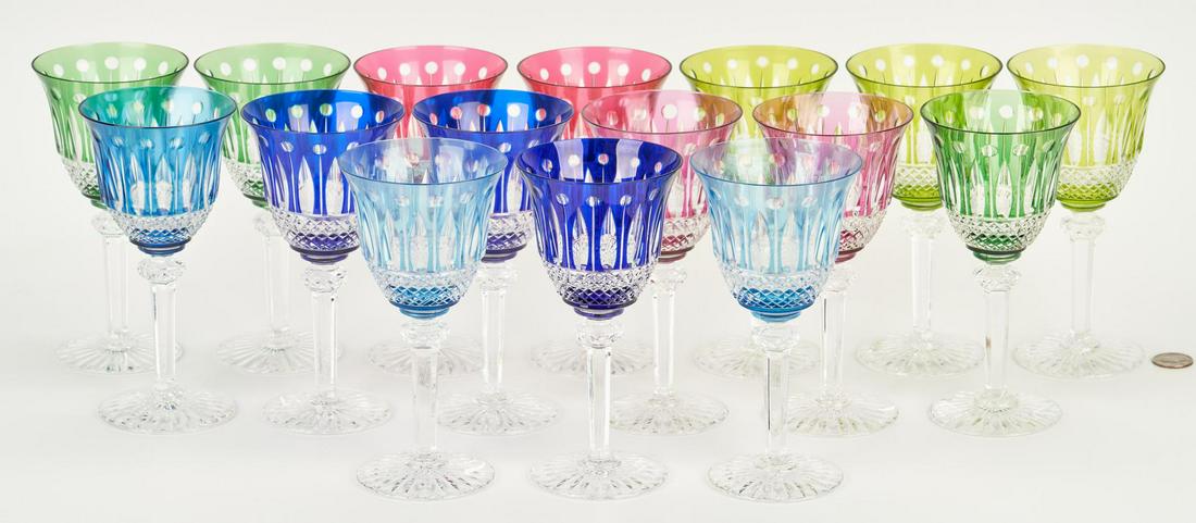 16 St. Louis Crystal Goblets, Multicolored: Sixteen (16) St. Louis crystal stemware hock wine glasses in shades of rose, blue, and green with cut-to-clear designs on bodies, and colorless faceted stems. All marked "St. Louis Cristal France" und