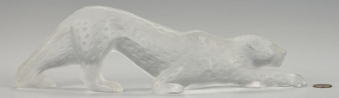 Lalique Crystal Prowling Cheetah: Lalique (French, founded 1888) art glass sculpture of a prowling cheetah. Signed "Lalique France" on underside. 4 1/2" H x 15" L x 3" D. Late 20th century. Provenance: Private Middle Tennessee collect