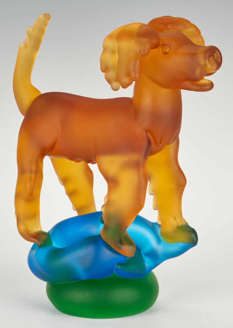 Richard Jolley Art Glass Dog Sculpture: Richard Jolley (American, b. 1952) art glass sculpture comprised of a standing orange dog on a swirled blue and green base. Signed and dated, "Richard Jolley 2000" to one side of the base. 11 H x 10" 