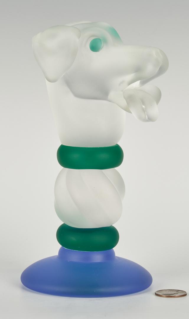 Richard Jolley Art Glass Dog Totem Sculpture: Richard Jolley (American, born 1952) frosted clear, blue and green art glass totem sculpture depicting a dog head with open mouth and green eyes atop a twisted column base. Incised signature "Richard 