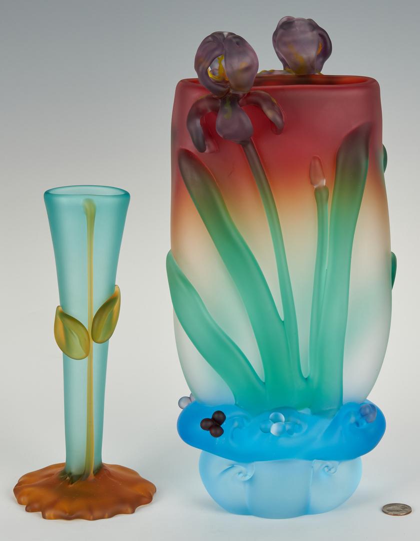 2 Tommie Rush Art Glass Vases: Two (2) Tommie Rush (American, born 1954) art glass vases. 1st item: Vase having an opaque clear body transitioning to garnet at the lip, applied green floral stems, botanical elements, and purple iri