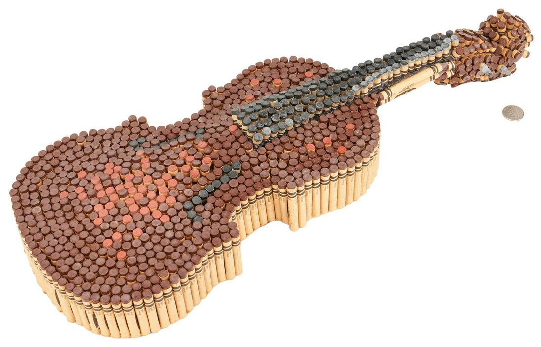 Herb Williams, Crayon Violin: Herb Williams (Alabama/Tennessee, b. 1973) violin sculpture titled "Waxing Baroque," comprised of crayons on a wood backing. Signed and titled en verso. 22" H x 8 1/2" W x 4" D. Note: Alabama born art
