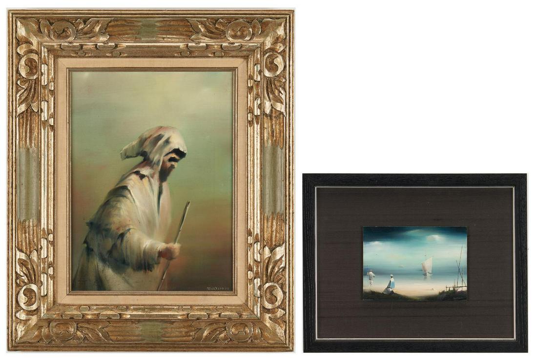 2 Robert Watson Surrealist Oil Paintings: Two (2) Robert Watson (California, 1923-2004) surrealist oil paintings. 1st item: Oil on panel painting titled "Dream Ship" depicting a man and two figures on a shoreline with a sailboat in the distan