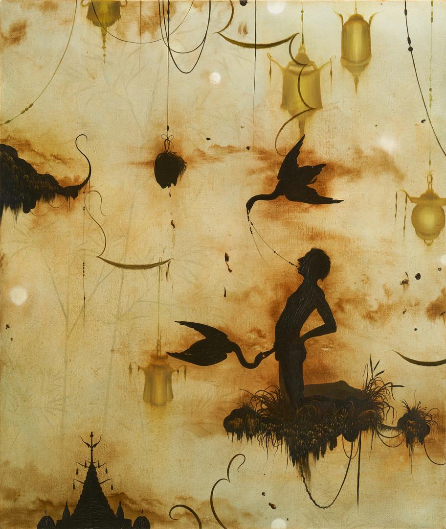 Darren Waterston O/C painting, "Offering," with books: Darren Waterston (American, b. 1965) oil on canvas painting titled "Offering," depicting a silhouetted male figure and flying geese against a landscape devoid of linear perspective, with dangling lant