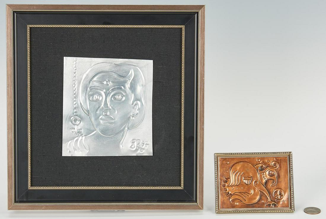 2 Greg Ridley Framed Metal Plaques: Two (2) framed metal plaques by Greg Ridley (American/Tennessee, 1925-2004). 1st item: Tin plaque with repousse decoration of a woman wearing a headband with a single jewel. Signed "R '97" lower right