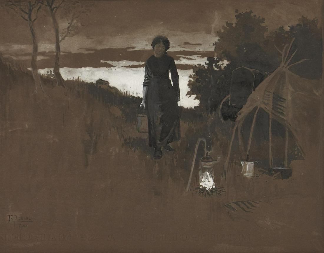 Joseph Pennell Gypsy Illustration: Joseph Pennell (New York/Pennsylvania/United Kingdom, 1857 Ð 1926) gouache, ink and watercolor illustration on board titled en verso ÒThe Out-Door KitchenÓ depicting a gypsy woman holding a lantern