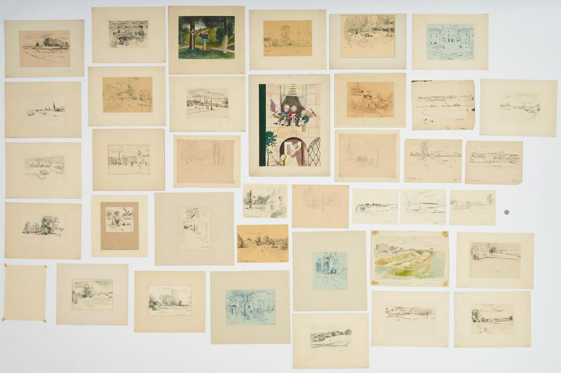 38 Garth Williams Works on Paper, incl. New Yorker WWII: Thirty-eight (38) Garth Montgomery Williams (Colorado, 1912-1996) works on paper including cover art for "The New Yorker" magazine, 1945, and thirty-seven (37) sketches of England, France, and Italy.