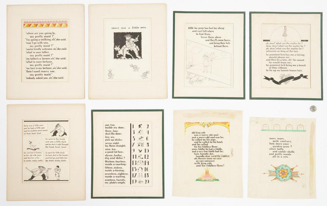 8 Willy Pogany Mother Goose Rhyme Illustrations: Eight (8) Willy Pogany (Hungarian/American, 1882-1955) pen and ink and watercolor on Bristol paper children's book illustrations with hand-lettered text for Mother Goose English nursery rhymes, includ