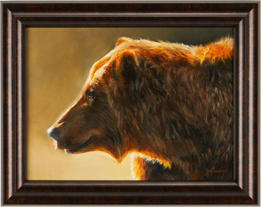Joe Kronenberg O/B, Brown Bear Painting: Joe Kronenberg (Idaho, b. 1968) oil on masonite board painting titled "Warm Light " or "Big Boy" depicting the close up profile of a brown bear, cast in a soft light against a brown background. Signed