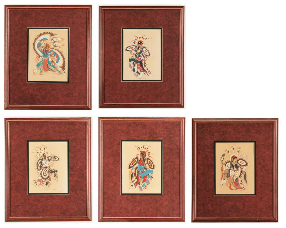 5 Woody Crumbo Native American Silkscreen Prints: Five (5) Woody Wilson Crumbo (Oklahoma/Kansas/New Mexico, 1912-1989) silkscreen prints depicting Southwest Native Americans in various tribal costumes and engaged in dance poses. Signed "Crumbo" in th