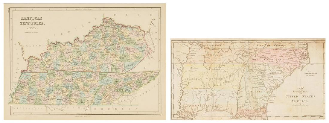 2 Southeast US Maps, incl. KY and TN: Two (2) Southern Maps. 1st item: Abraham Bradley, Jr. (American, 1767-1838), MAP OF THE SOUTHERN PARTS OF THE UNITED STATES OF AMERICA, engraved for The American Gazetteer by Jedidiah Morse, published
