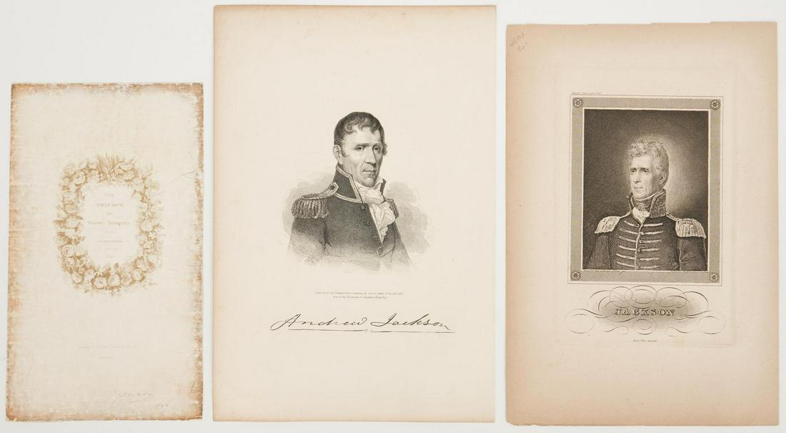 2 Rare Engravings of Andrew Jackson plus Inaugural: Two (2) rare engraved portraits of President Andrew Jackson, plus an Inaugural Souvenir. 1st item: Stipple engraving print by Charles Phillips, after the oil painting by John Wesley Jarvis of Jackson