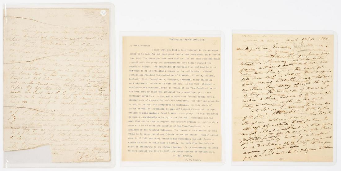 2 letters to Andrew Jackson inc. Creek War, Francis: Two (2) Letters to Andrew Jackson, from Robert Irwin and Francis Preston Blair. 1st item: Creek War era ALS from Robert Irwin, commander of Fort Gaines, Alabama, addressed to Major General Andrew Jack