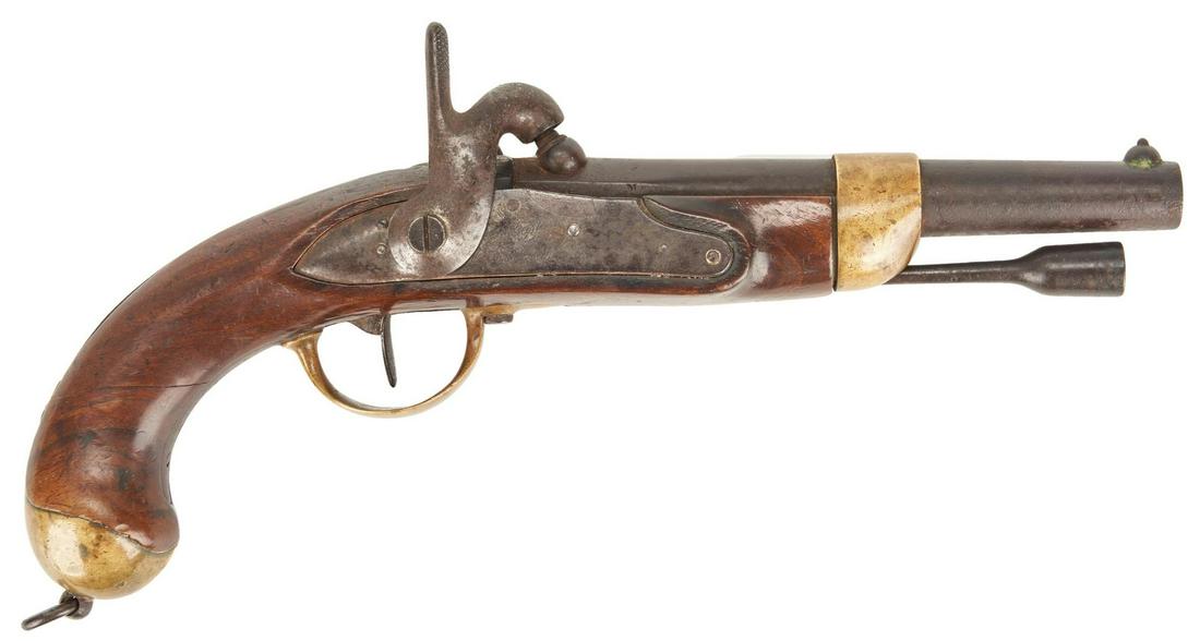 French Model 1822 T Bis Single-Shot Percussion Pistol,: French Model 1822 T Bis Single-Shot Converted Percussion Pistol, Charleville, .72 caliber. Right side of lock plate marked "(star)/S" and "Mre Rle / de Charleville", left side of barrel marked "AI" an