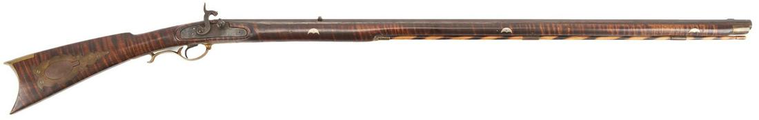 Pennsylvania Curly Maple Long Rifle: Pennsylvania converted percussion long rifle with curly maple full stock, .35 caliber, octagonal barrel, unmarked lock plate, brass trigger guard with spur, butt plate, brass patchbox to right side of